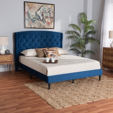 Baxton Studio Joanna Modern Contemporay Velvet Upholstered and Dark Brown Finished Wood Platform BedKingNavy 215-12370-ZORO